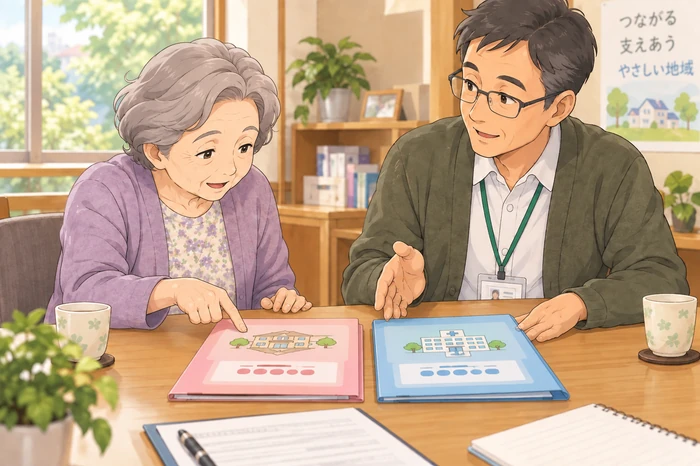 民生委員が施設入所と入院の相談を切り分けて確認する場面の画像