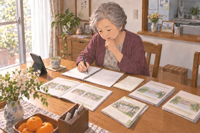 テーブルに広げた施設案内やメモを前に、今後の身元保証について考え書き出す高齢の女性の画像