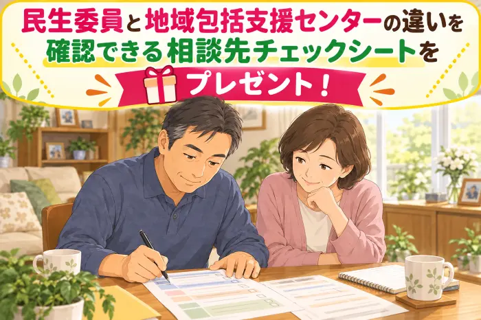 相談先チェックシートに書き込み、家族で今の困りごとを共有する様子の画像