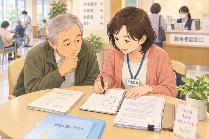 民生委員の女性が病院窓口や支援機関に伝えるために、本人の状況と困りごとを短くまとめたメモを作っている画像