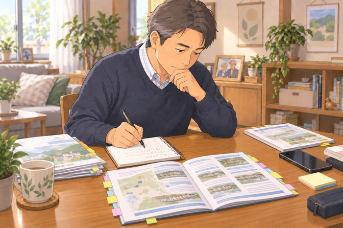 市の公開資料の冊子を広げて候補を絞り、その後に施設へ聞く項目を付箋にまとめる高齢者の息子の画像