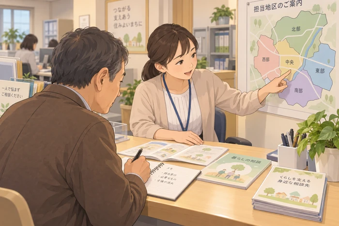 地域包括支援センターの相談窓口で受付の職員と話し、担当窓口を案内される中年の男性の画像