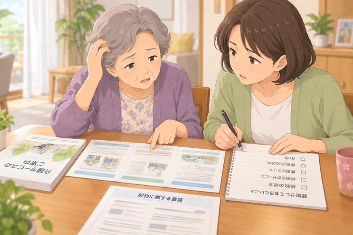 介護サービスの契約書類と本人が混乱している様子を家族がメモしながら確認している画像