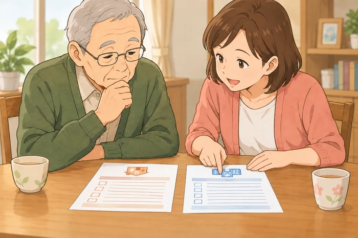 家族が病院と施設それぞれの確認項目を並べて比較しながら話し合う様子の画像