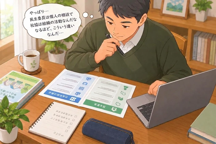 中年の男性が机で二つの項目を並べた比較用紙を自分向きに開き、民生委員と社会福祉協議会の違いを確認している画像