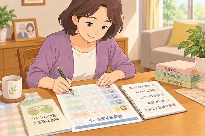中年の女性が相談先比較シートに記入をして家族と共有するための準備をしている画像