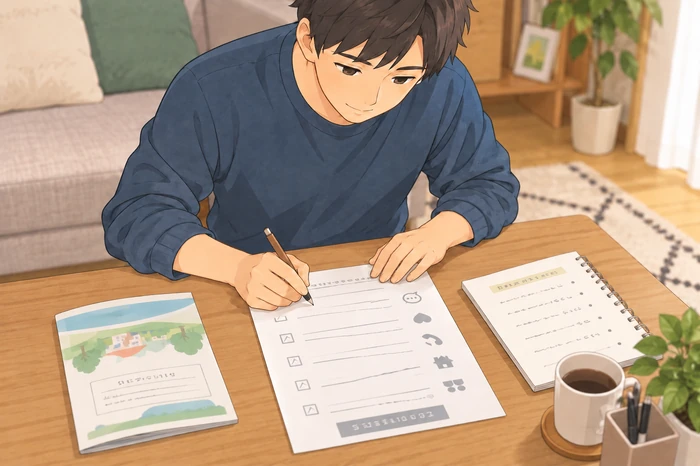 若い男性が親の状況や連絡先、本人の希望をチェックリストに自分向きにまとめている画像