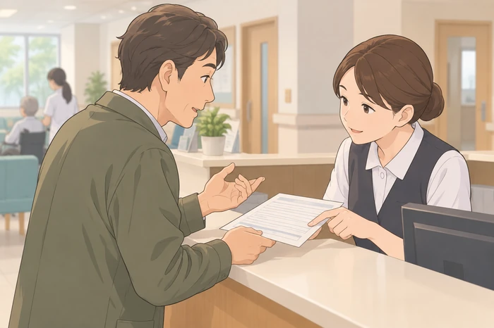 病院の受付で書類を手に、求められている対応範囲を担当者に確認する家族の様子の画像