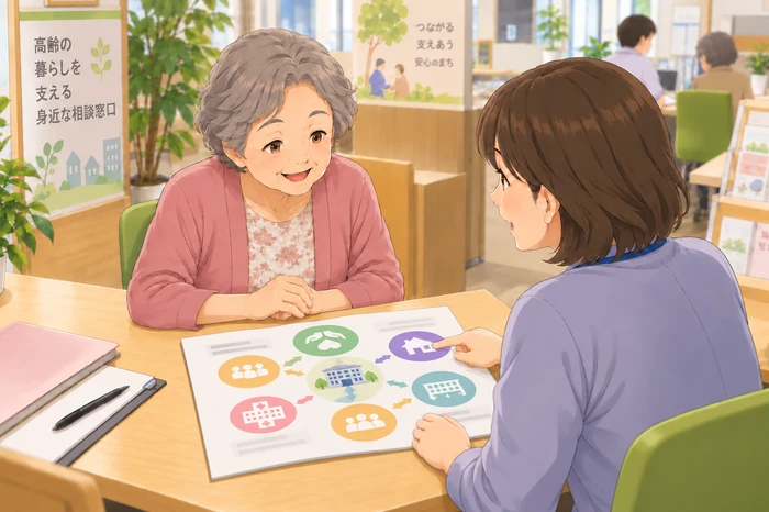 地域包括支援センターの職員と連携先の図を見ながら話す高齢女性の画像