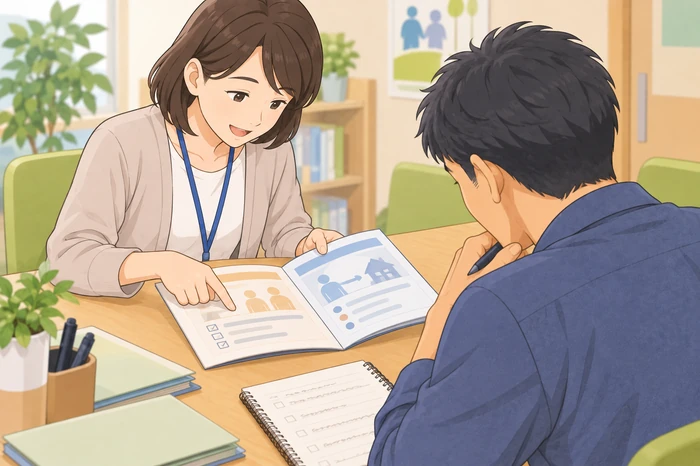 地域包括支援センター風の相談室で家族が相談員と話し、相談内容と実際の対応の違いをメモで確認している画像