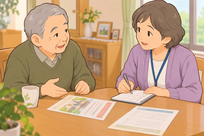 民生委員が高齢者と向き合い、本人の希望を聞きながら連絡の可否をメモして確認している画像