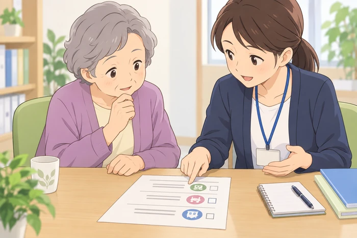 自宅の机で公共料金の紙類を前に、日常の負担や支払い忘れについてメモを取る高齢女性の画像