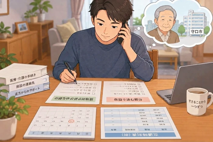 遠方の家族が電話対応と現地対応の区別を検討している場面を描いた画像