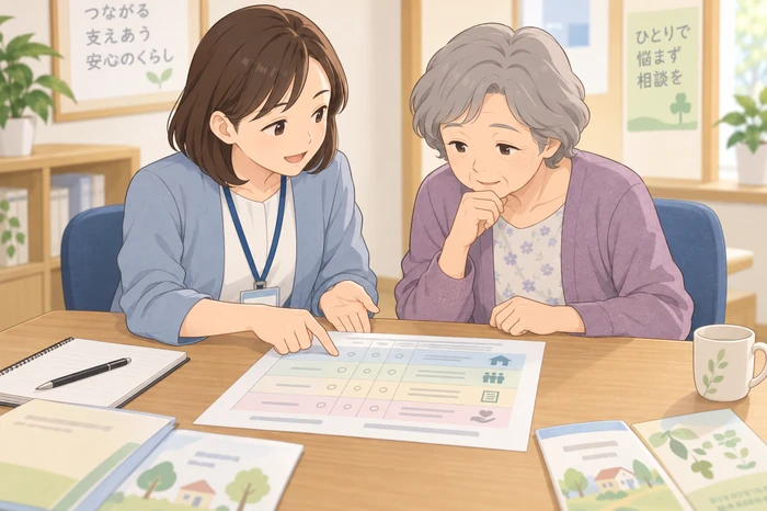 相談員と家族が複数の選択肢ファイルを広げ、どの制度に相談するかを利用者と一緒に比較している画像