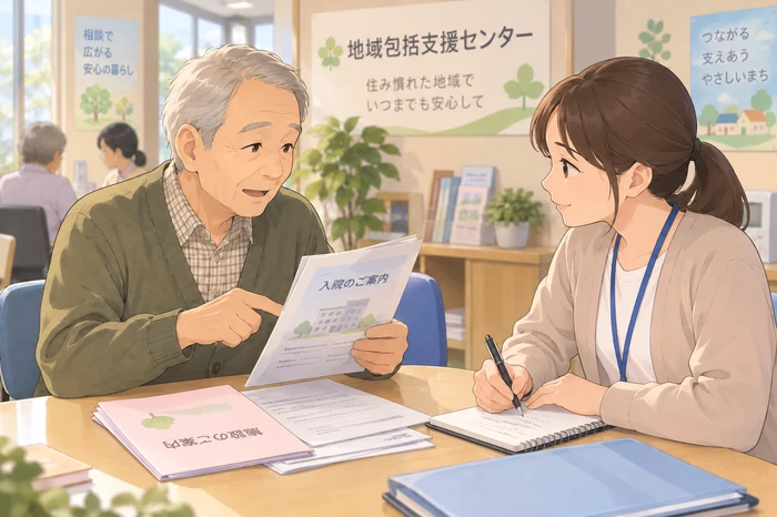 病院や施設からの確認事項を手元のメモで一緒に確認する高齢男性と職員の画像
