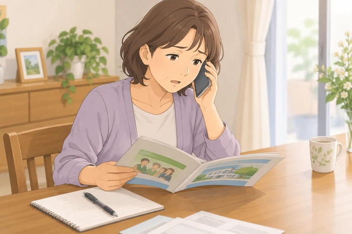 遠方に住む家族がテーブルで市区町村の案内冊子を自分向きに開きながら電話で相談先を確認する様子の画像
