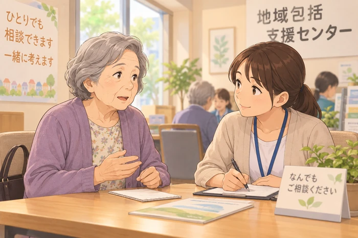 地域包括支援センターで一人暮らしについて職員に話す高齢女性の相談シーン画像