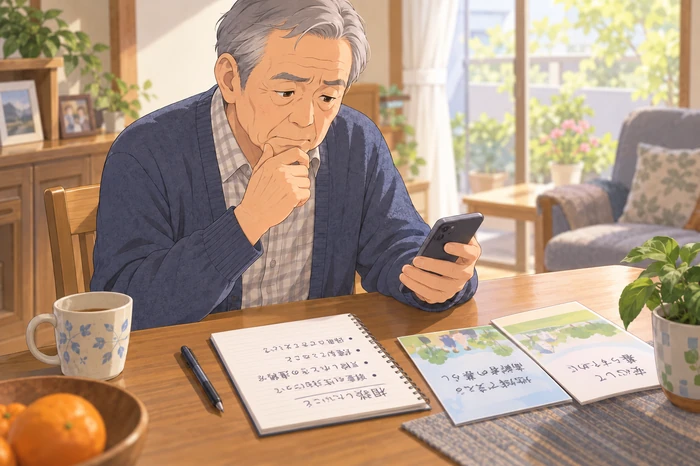 自宅の食卓で相談前のメモを見ながら電話をかけようとする高齢男性の様子を描いた画像