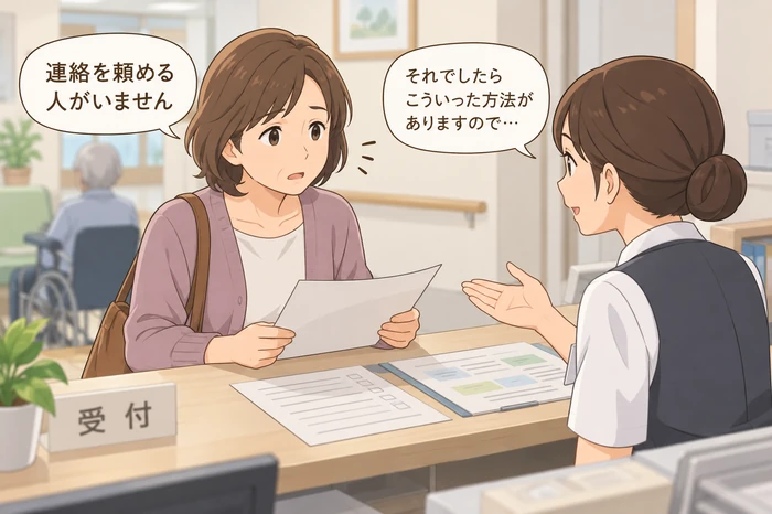 病院の受付で『連絡を頼める人がいない』と伝えて代替方法を相談する家族の画像