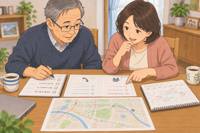家族が自宅のテーブルで地図やカレンダーとチェックリストを広げ、誰が電話対応できるかと誰が現地へ行けるかを書き分けている画像