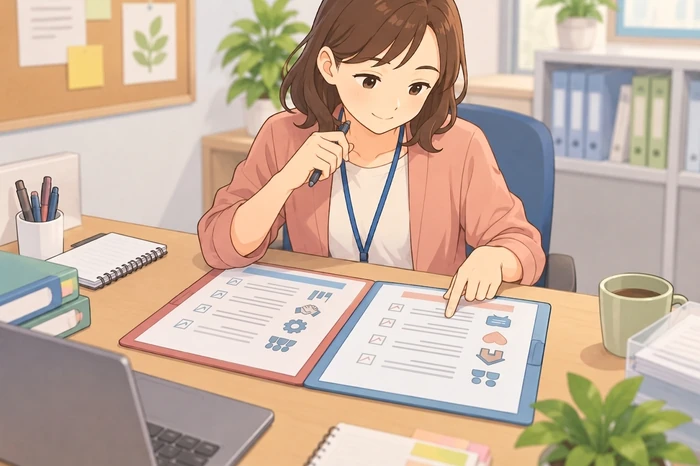 若い女性の地域支援者が机で二つのフォルダを自分向きに開き、民生委員と社協それぞれの取り組みをチェックリストで確認している画像