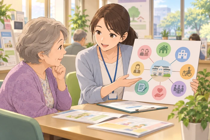 職員が抽象的な図で他の支援先との連携を説明する高齢女性の相談画像