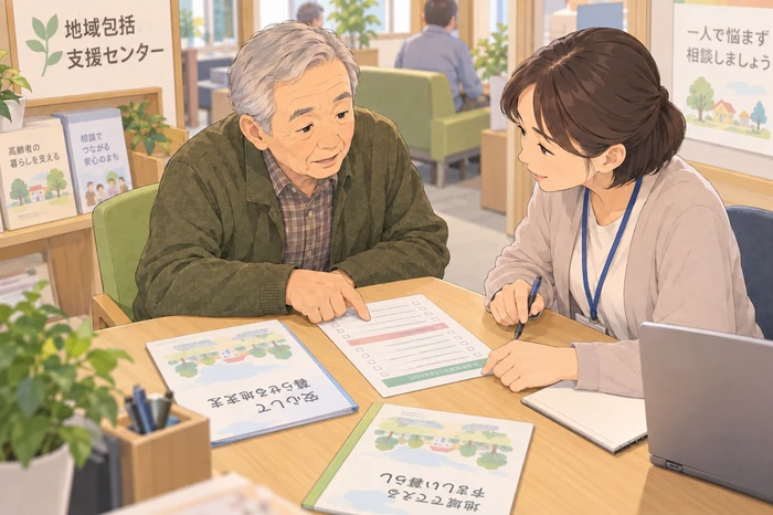 相談で現在の困りごとと家族の対応範囲を一緒に確認する高齢男性と職員の画像