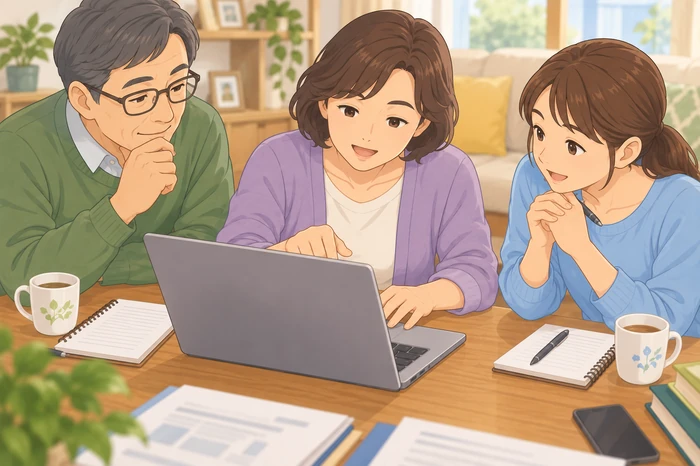 リビングのテーブルで中年の女性がタスクを示す付箋を家族と一緒に分類し、電話対応・来訪・書類確認などを誰が担うか整理している画像