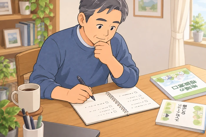 中年の男性が机で簡単なメモに『誰について・何を知りたいか』を自分向きに書き出して相談先を決めようとしている画像