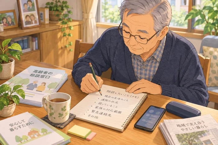 相談前に短くメモを書き出す高齢男性がテーブルでメモを取る画像